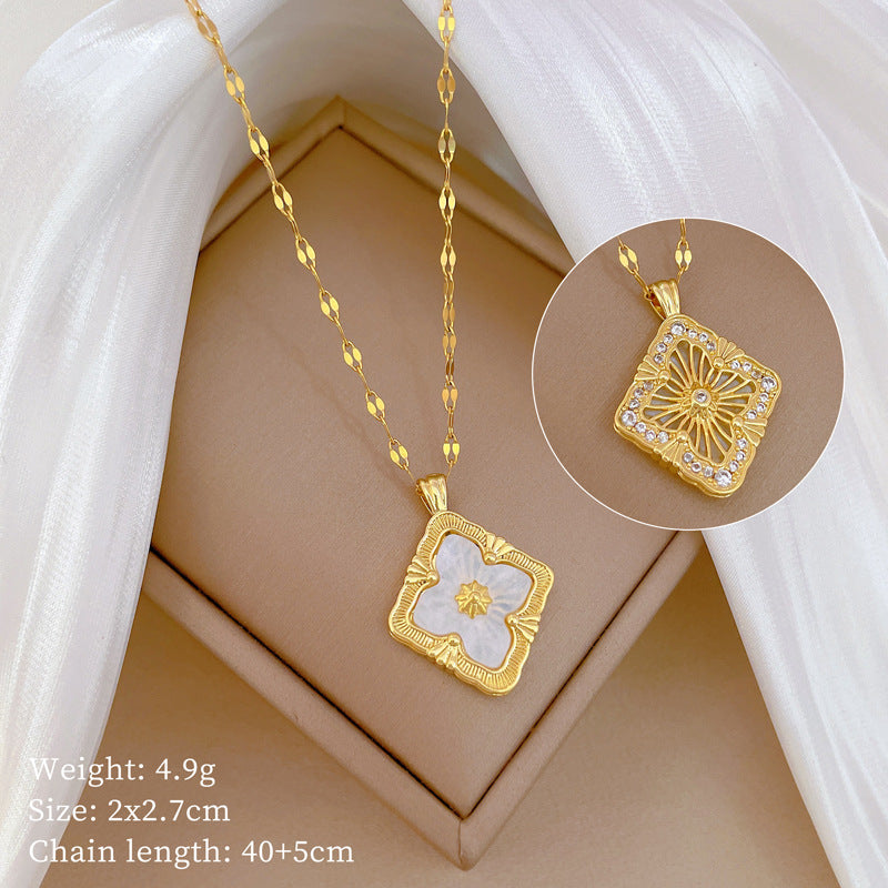 Luxury Minimalist Sweet Geometric Rhinestone Pendant Necklace for Women Titanium Steel O-Chain