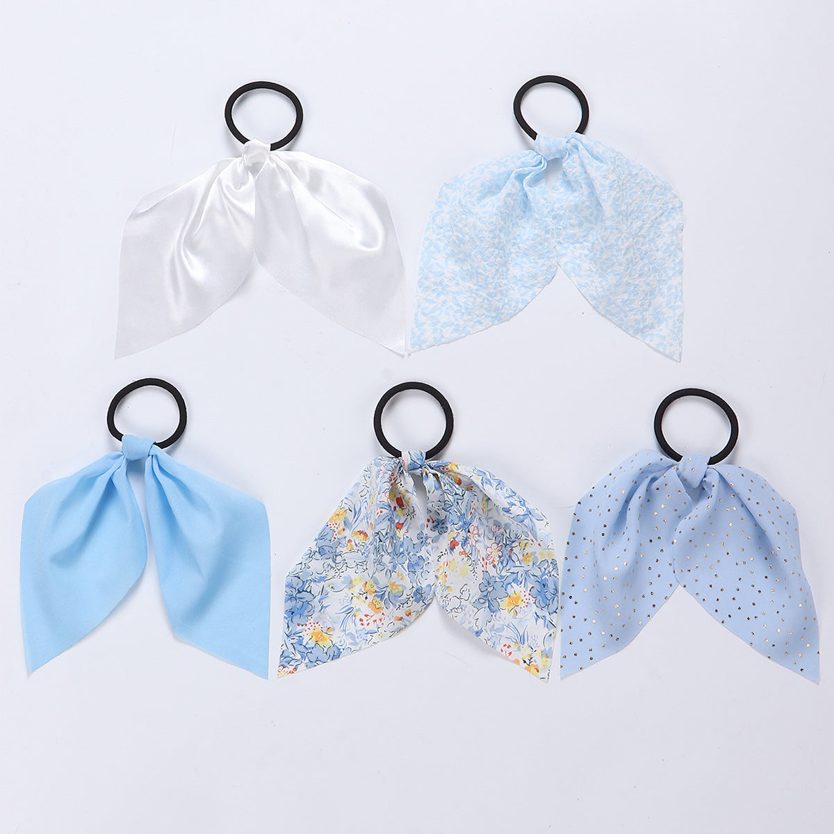 Set di elastici per capelli a fiocco azzurro pastello, fatti a mano per bambine, in tessuto con paillettes e motivo floreale