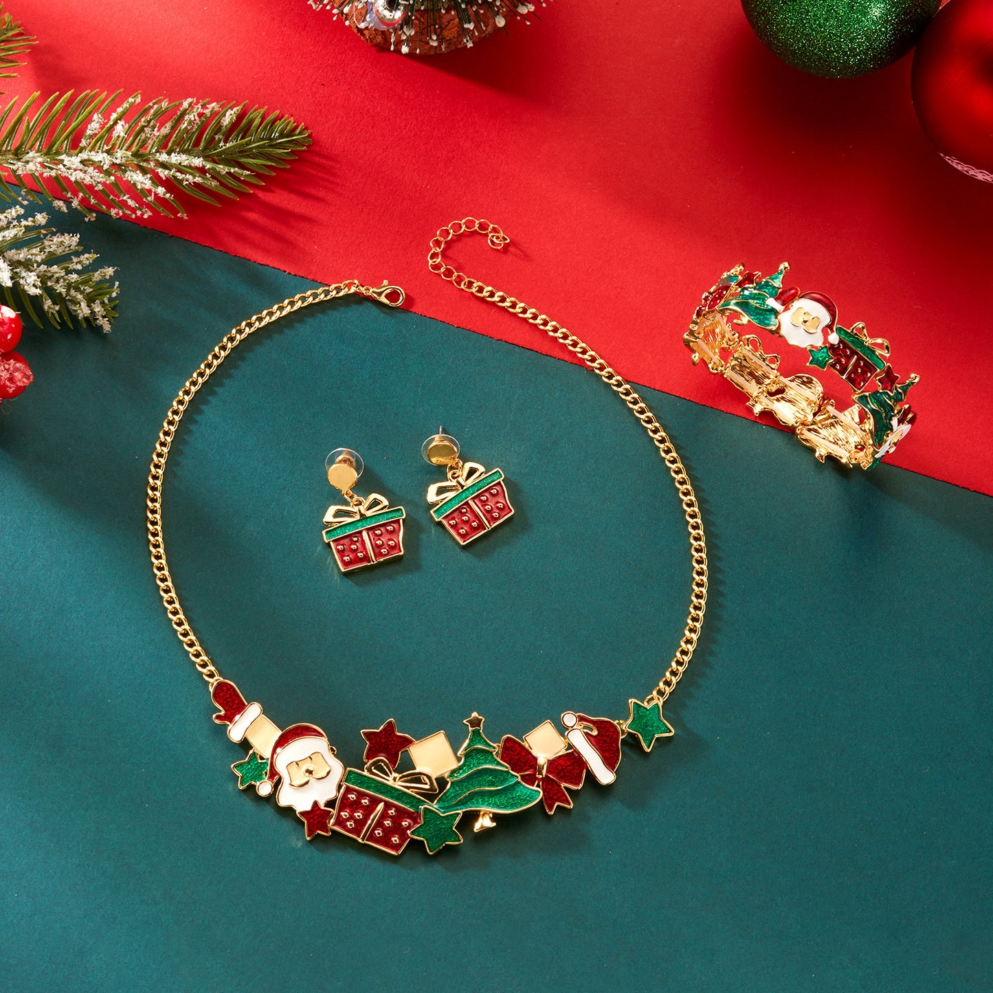 Casual Drip Oil Plated Alloy Christmas Santa Tree Gift Box Necklace Earring Bracelet Set for Women