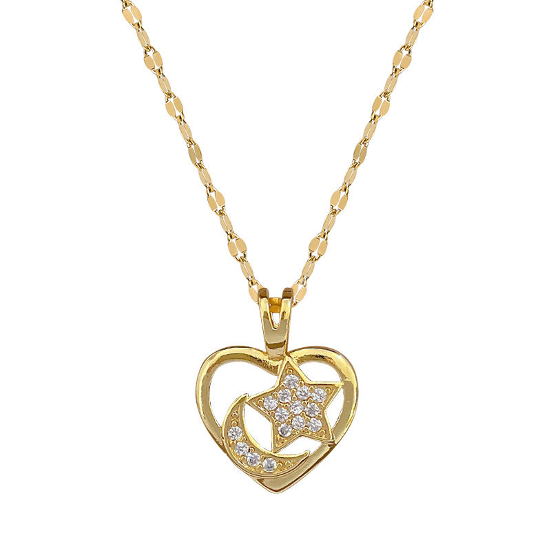 Sweet Elegant Heart Moon Star Geometric Rhinestone Plated Titanium Steel Necklace for Unisex