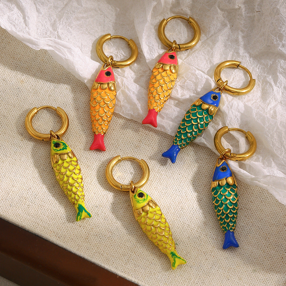 Luxury Style Fish-Shaped Stainless Steel Earrings with 18K Gold Plating and Enamel Finish