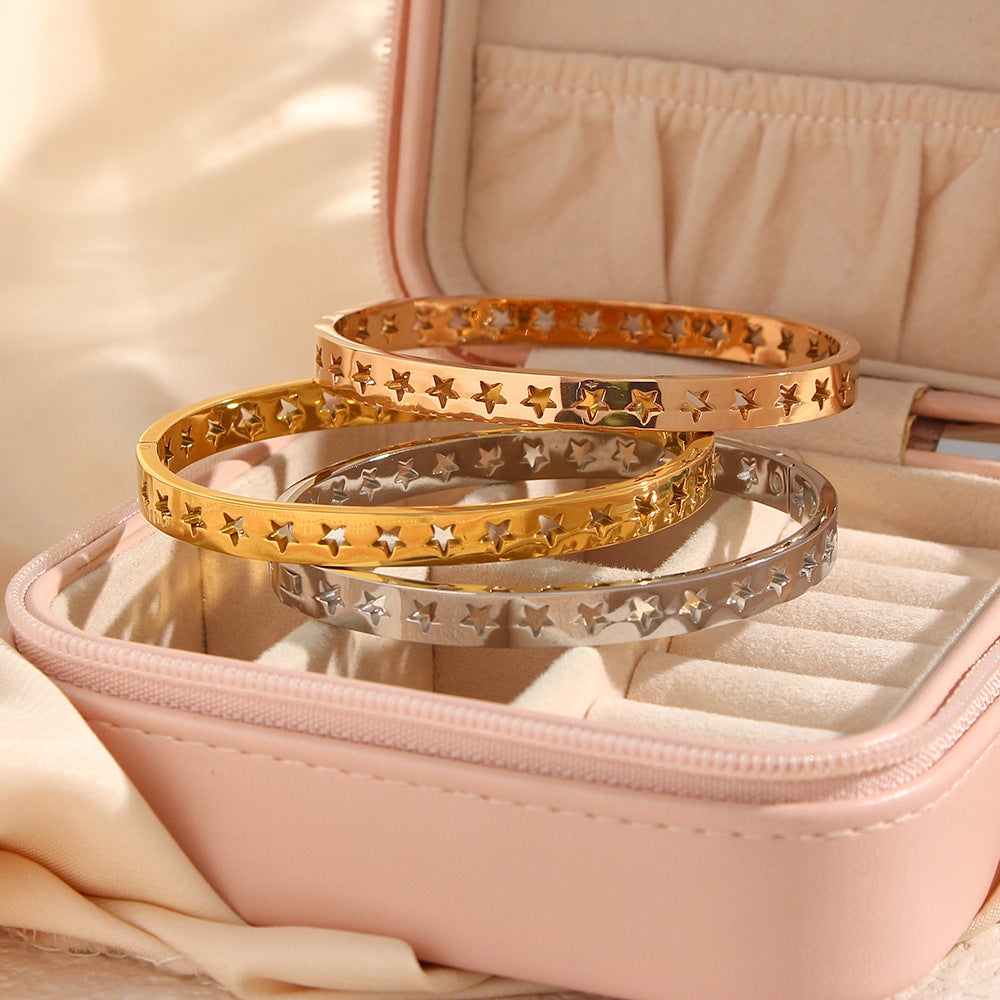 Fashion Rose Gold Plated 18K Stainless Steel Hollow Star Pattern Cuff Bracelet