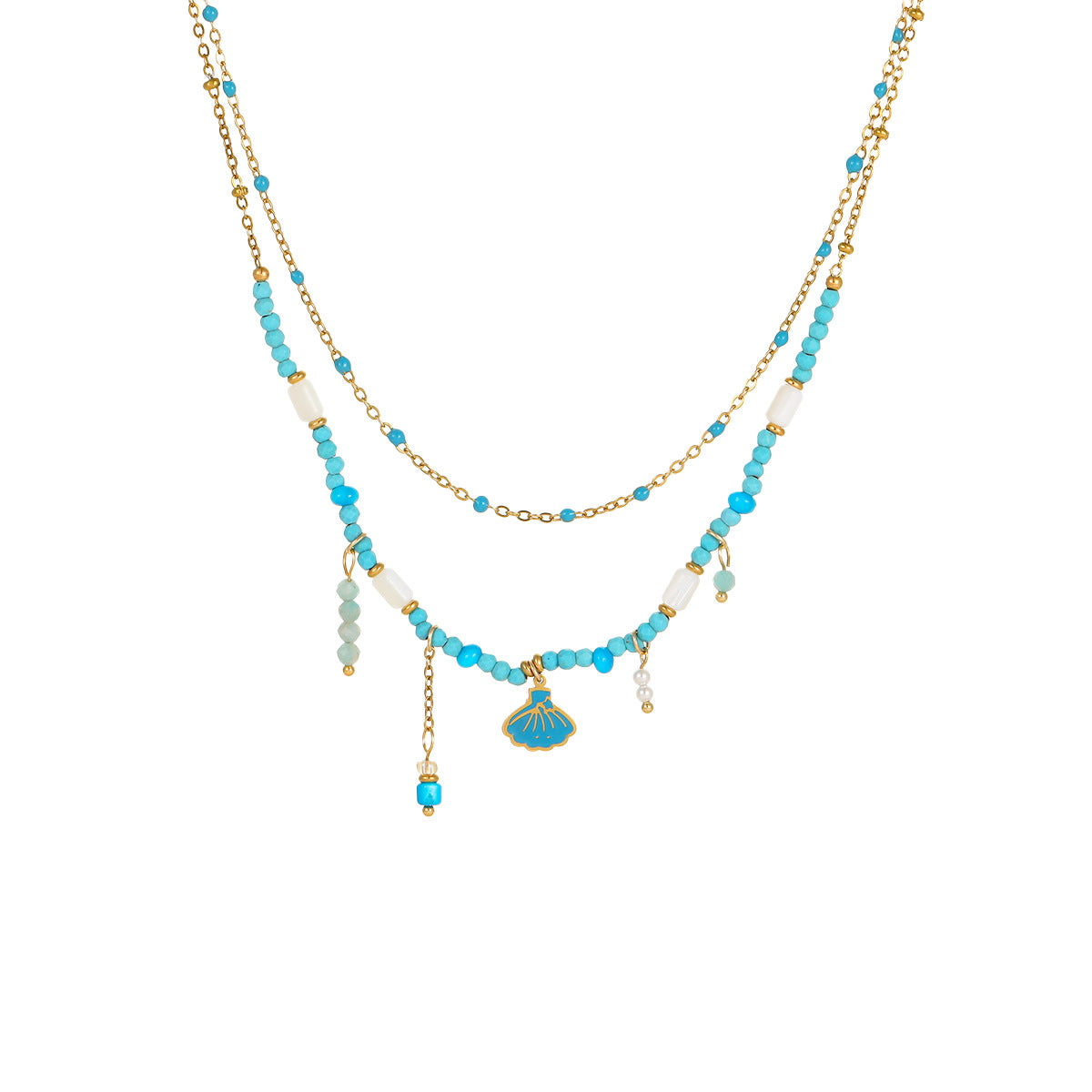 Collana da Donna Minimalista alla Moda con Perline Geometriche in Acciaio Inox e Dettagli in Conchiglia