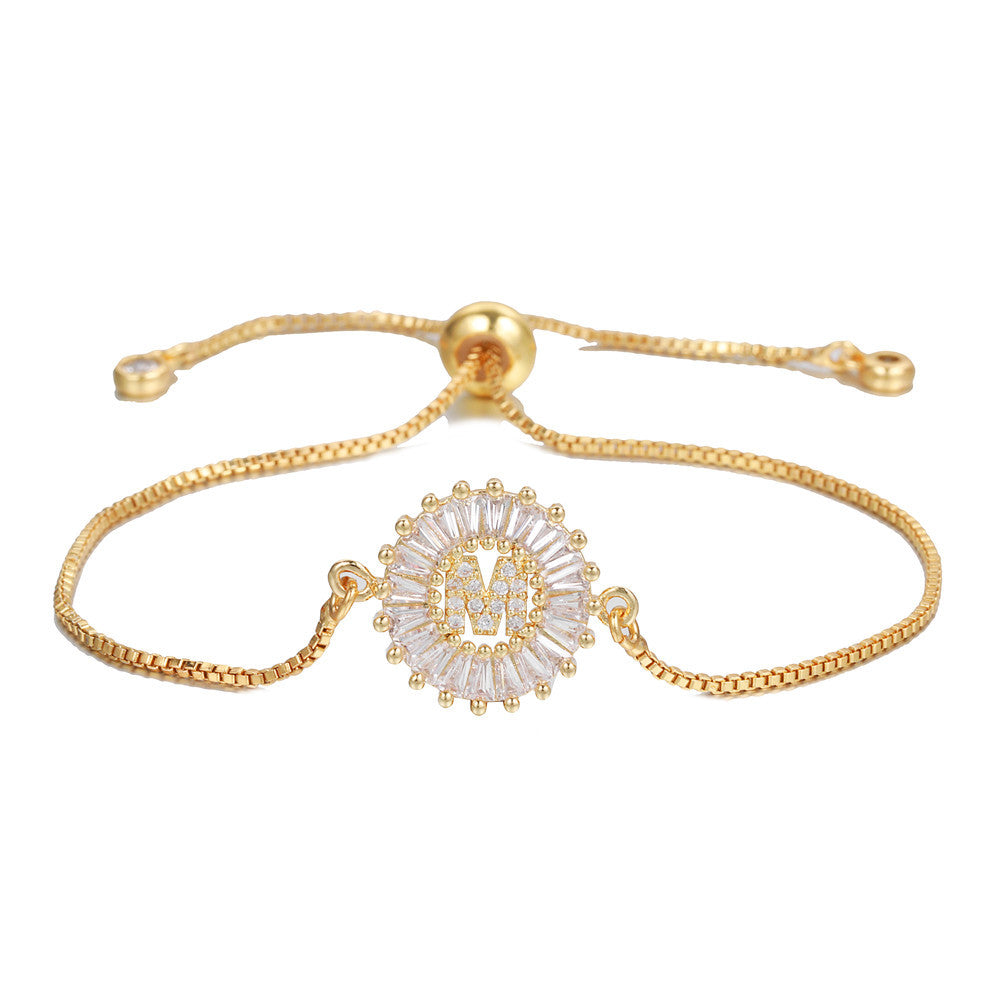 Minimalist Gold Plated Brass Letter Bracelet with Cubic Zirconia Adjustable A-Z