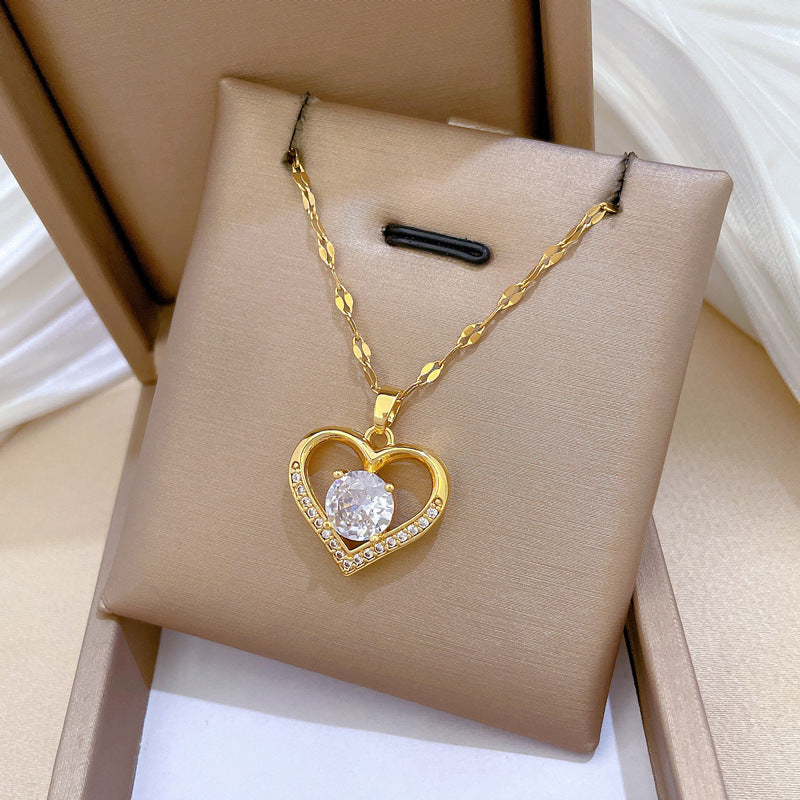 Minimalist Sweet Heart Geometric Titanium Steel Necklace with Rhinestone Inlay Brass Pendant for Women