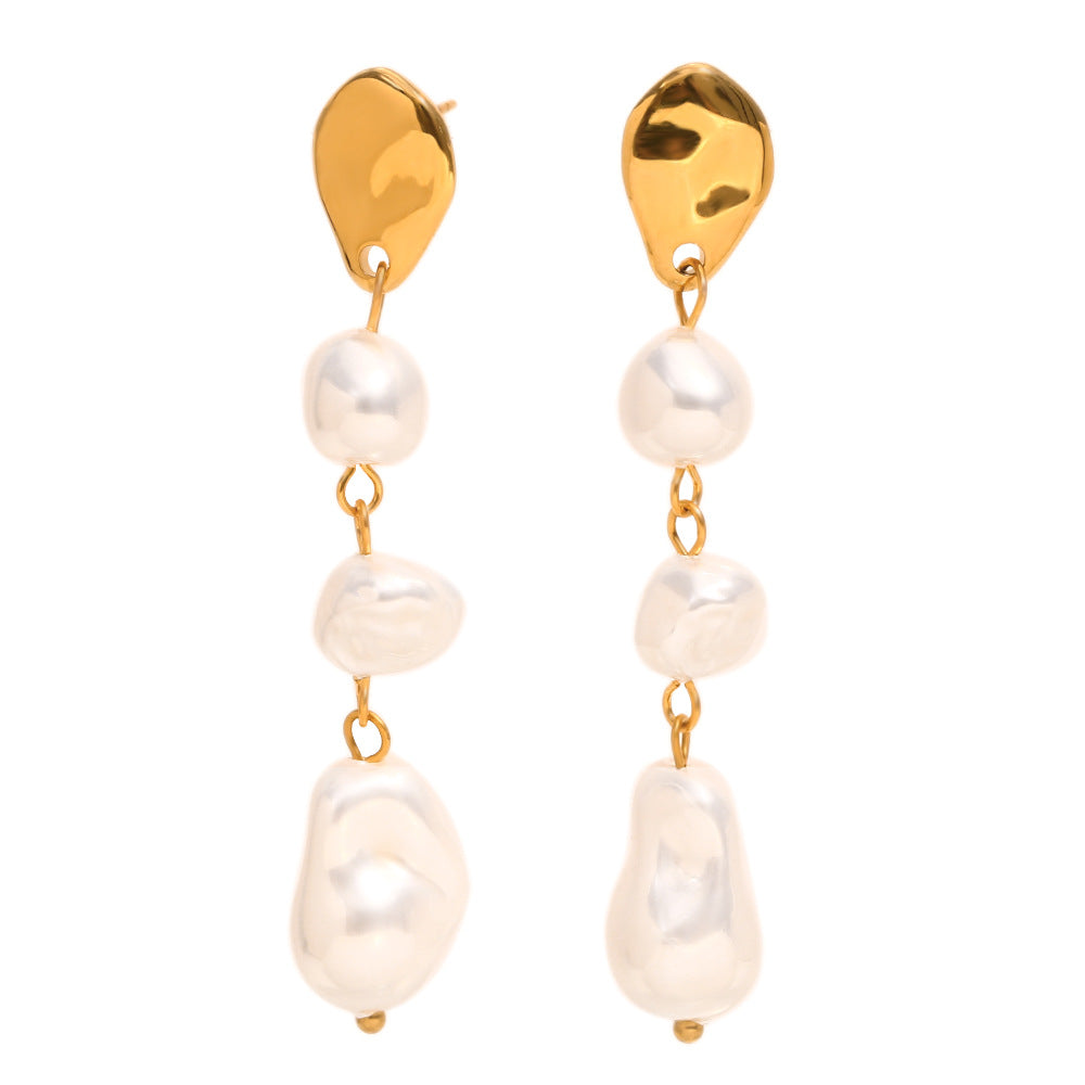 Fashionable OL Style Geometric Stainless Steel Earrings with 18K Gold Plating and Three Simulated Pearl Pendants for Women