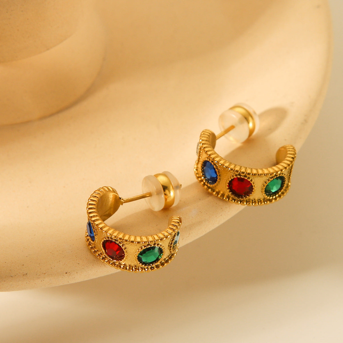 Minimalist Geometric C-Shaped Stainless Steel Earrings with Zircon Inlay Plated in 18K Gold for Women