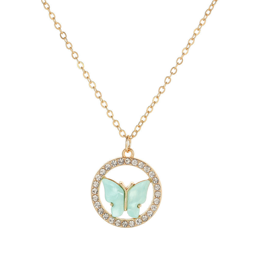 Sweet Rhinestone Inlaid Acrylic Alloy Butterfly Necklace