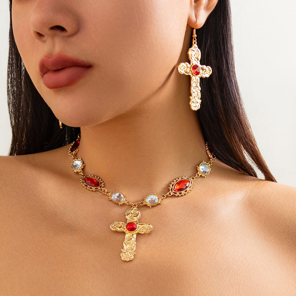 Vintage Cross Zinc Alloy Necklace with Red Gemstone Inlay for Women