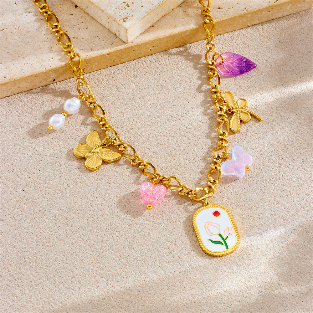 Elegant Stainless Steel Drip Oil Moon Sun Flower Pendant Necklace with Cable Chain for Women