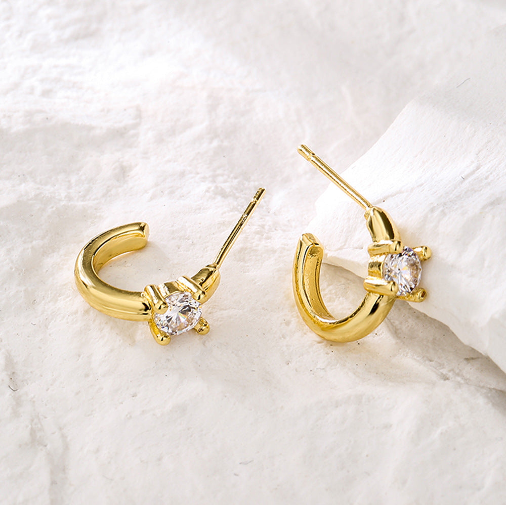 Minimalist Geometric Copper Earrings with 18K Gold Plating and Zircon Accents for Women