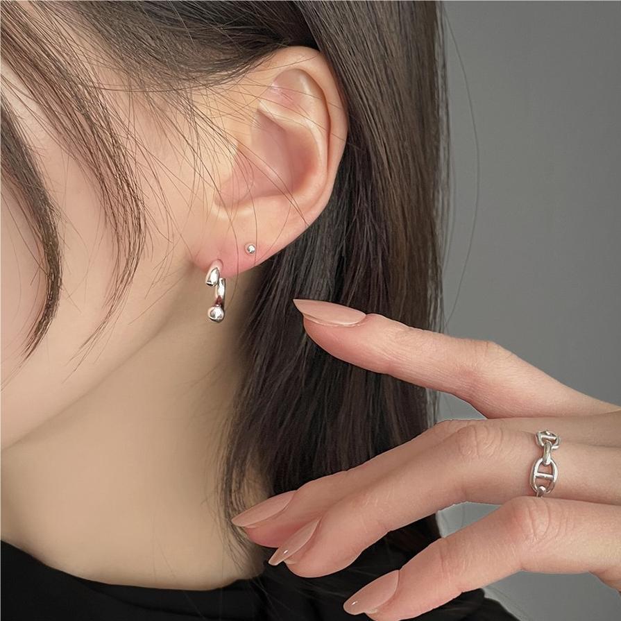 Sweet 925 Sterling Silver Geometric U-Shaped Hoop Earrings with Pearl Inlay Polka Dot Design