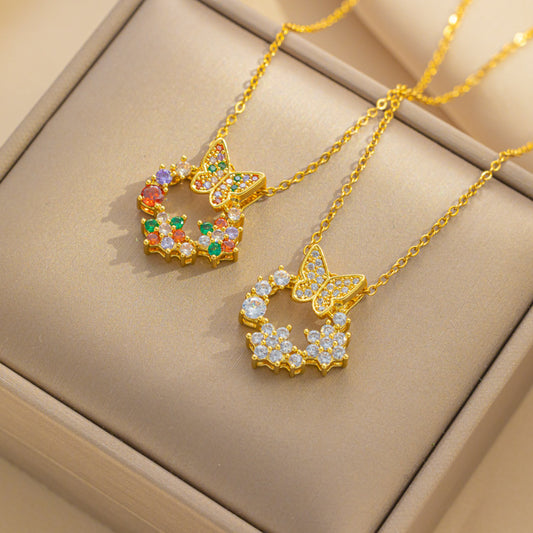 Collar Minimalista con Colgante de Mariposa y Lazo de Acero Inoxidable con Incrustaciones de Diamantes de Imitación en Cadena de Eslabones para Mujer