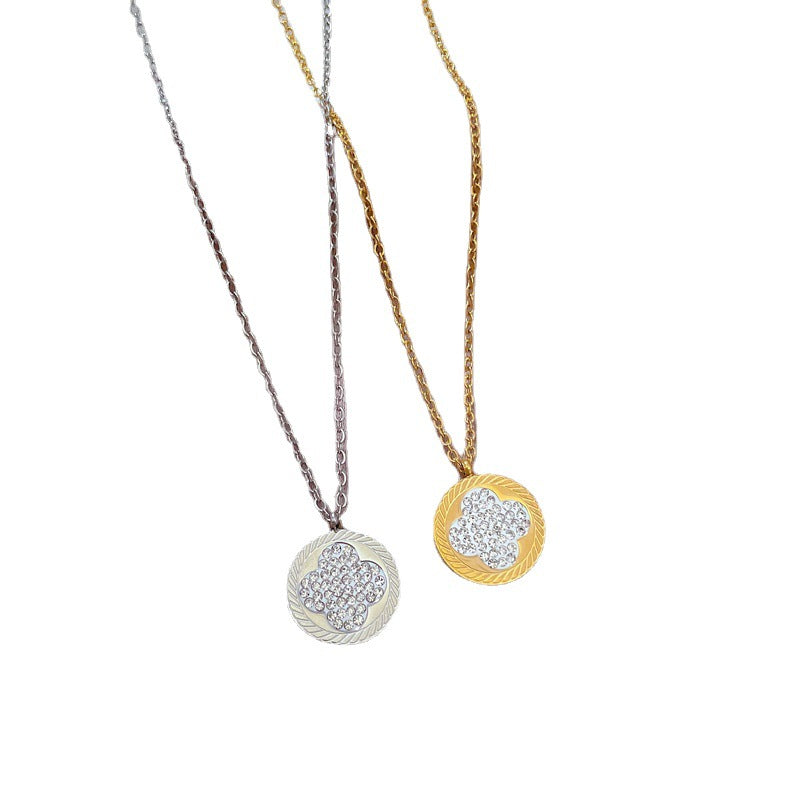 Minimalist Four-Leaf Clover Pendant Necklace in Titanium Steel with Gold Plating for Women