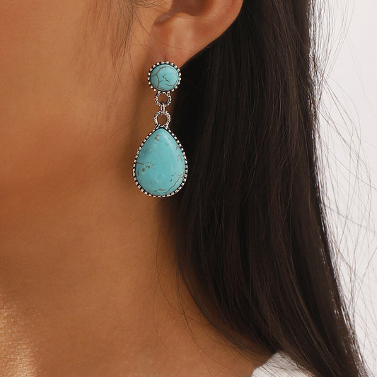 Pendientes étnicos de aleación con forma de estrella geométrica con incrustaciones de turquesa, diseño artístico vintage para mujer