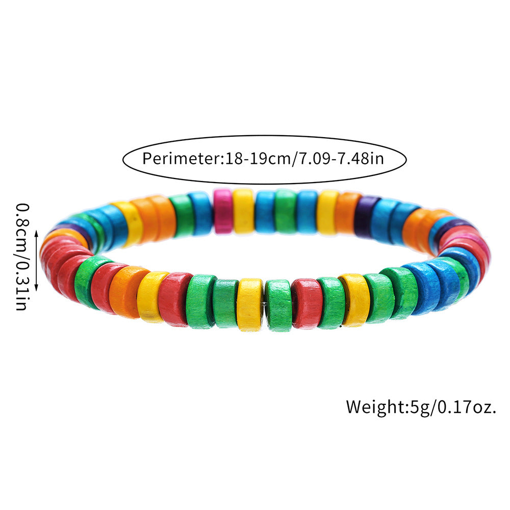 Minimalist Multicolor Round Wood Beaded Bracelet Handmade Geometric Stretch Bracelet
