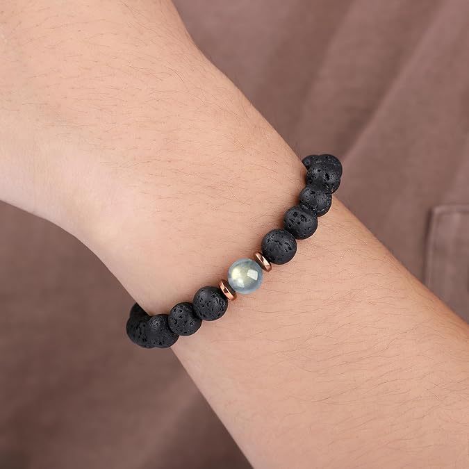 8mm Natural Volcanic Lava Stone and Moonstone Beaded Bracelet Unisex Geometric Round Handmade Jewelry Gift