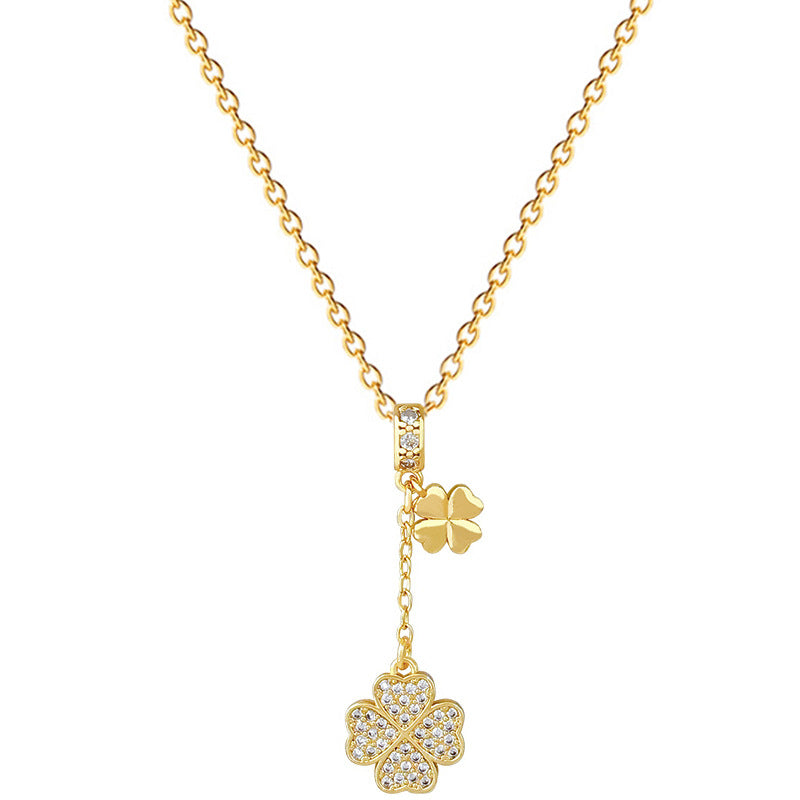 Collana con ciondolo a nappa Lucky Clover da donna, catena in acciaio inossidabile con design geometrico e dettagli in strass