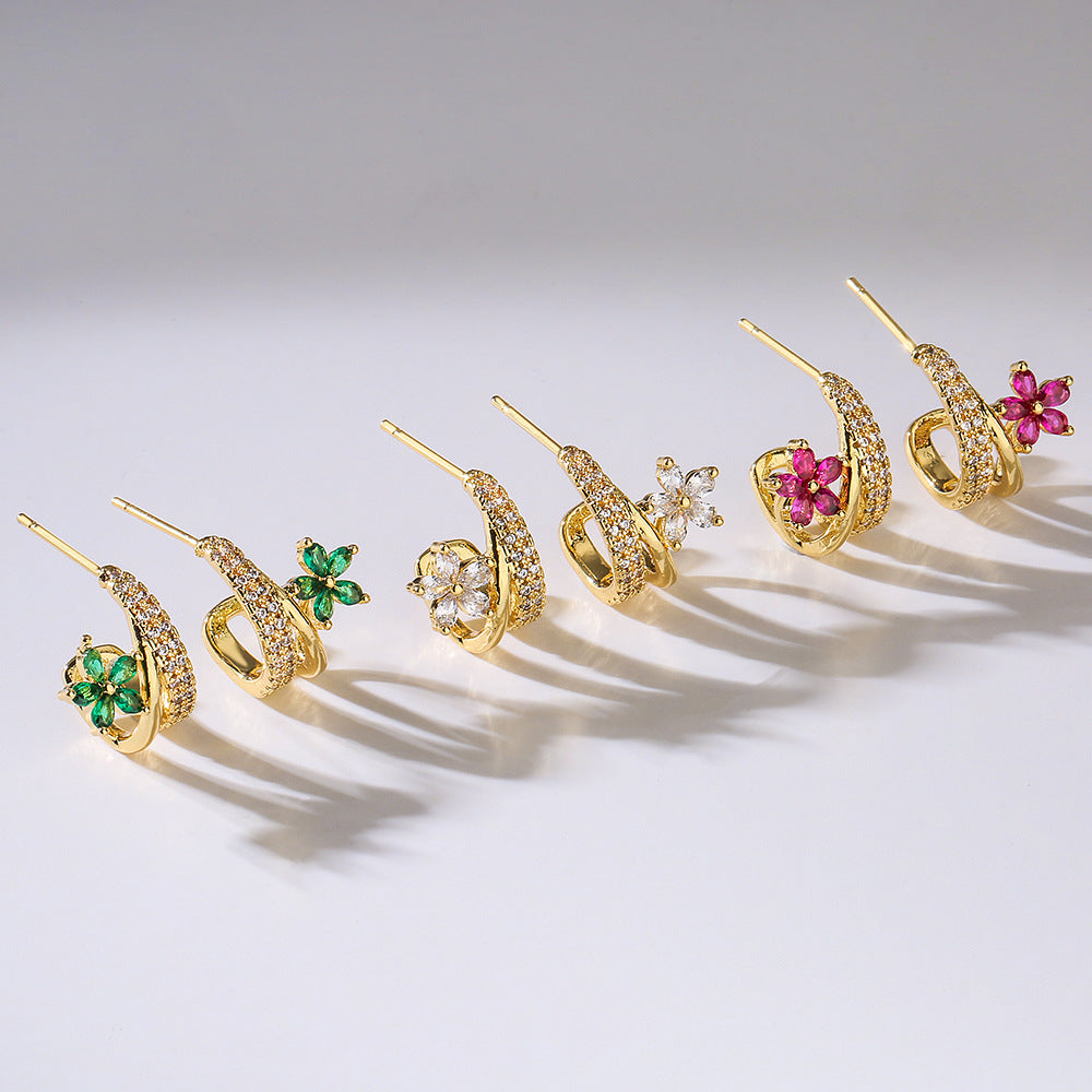 Minimalist Geometric Flower Stud Earrings for Women Made of Copper with 18K Gold Plating and Zircon Inlay
