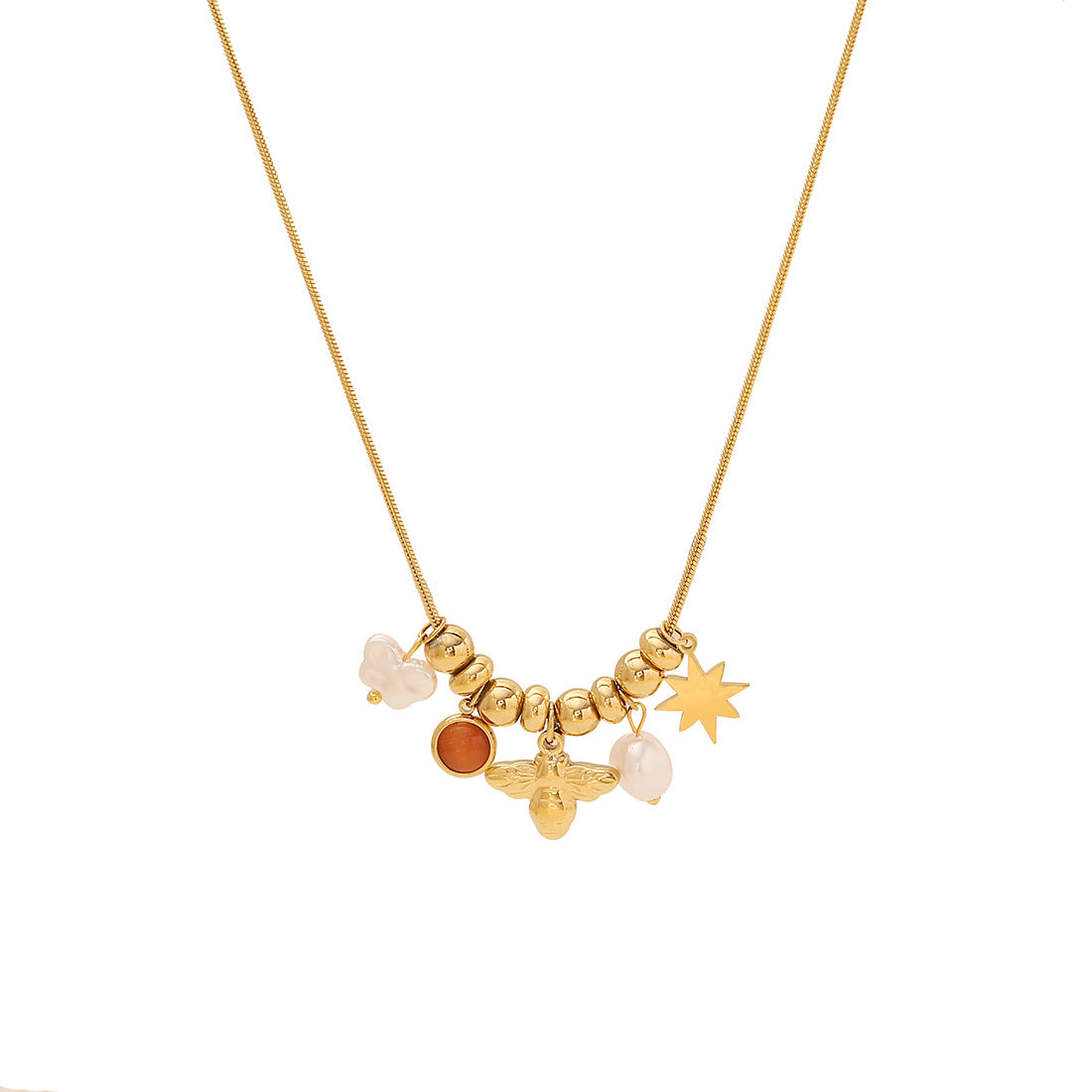 Creative Floral Bee Pendant Necklace in Stainless Steel with Simulated Pearl and Turquoise Beads on Snake Chain