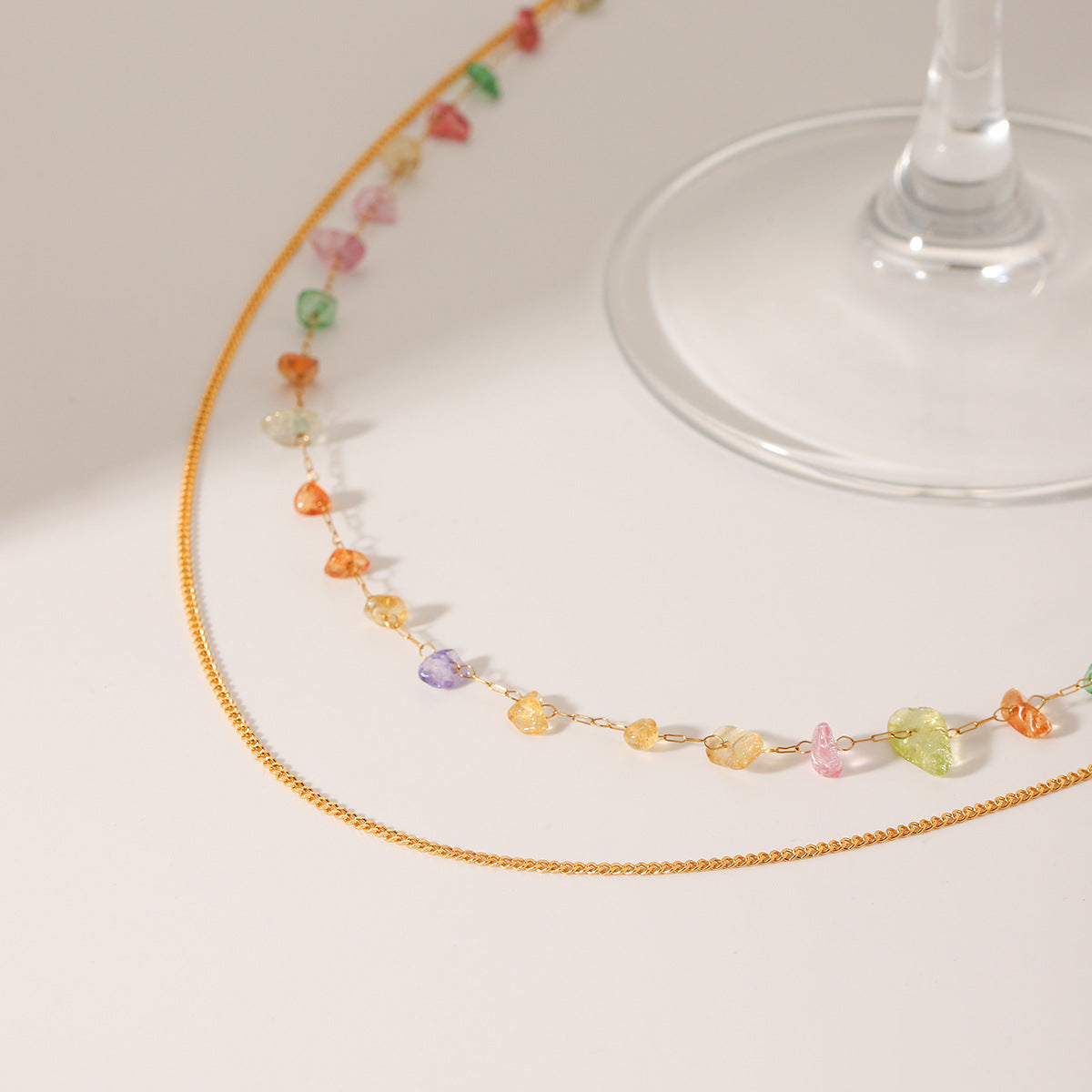 Trendy Geometric Double Layer 18K Gold Plated Stainless Steel Necklace with Colored Crushed Stone for Women
