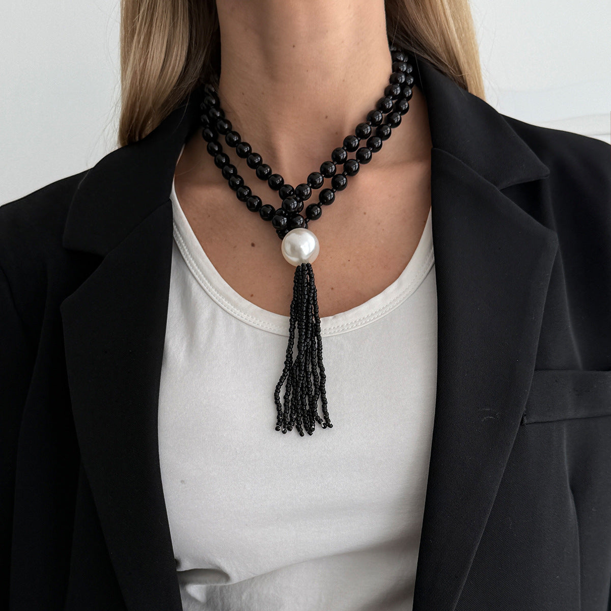 Luxury Elegant Geometric Round Acrylic Beaded Tassel Layered Necklace for Women