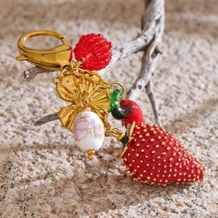 Colorful Heart Strawberry Fruit Metal Plated Keychain Bag Charm
