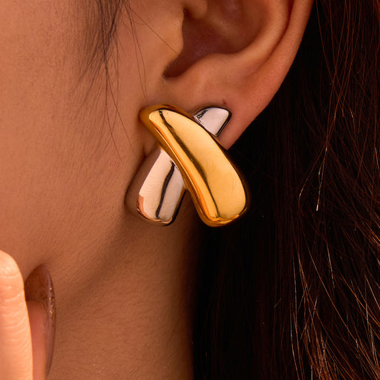 Vintage French Style Geometric Stainless Steel Earrings with 18K Gold Plating for Women