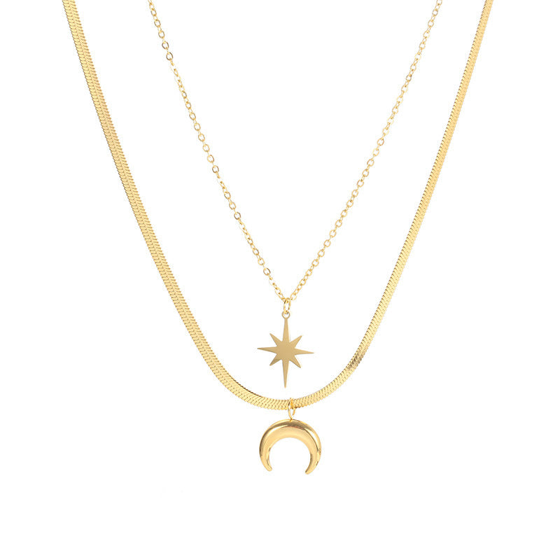 Collana Minimalista Ottagramma con Ciondolo in Acciaio al Titanio con Placcatura Sottovuoto su Catena Piatta a Serpente da Donna