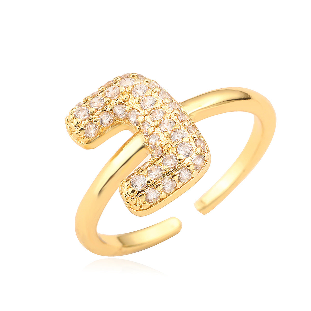 Anillo de cobre minimalista de forma geométrica con letras, chapado en oro de 18K y detalles de circonita para mujer