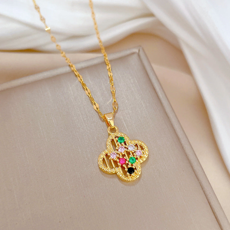 Collana con Ciondolo Lusso a Quadrifoglio da Donna in Acciaio al Titanio con Finitura Placcata, Delicata Catena alla Clavicola