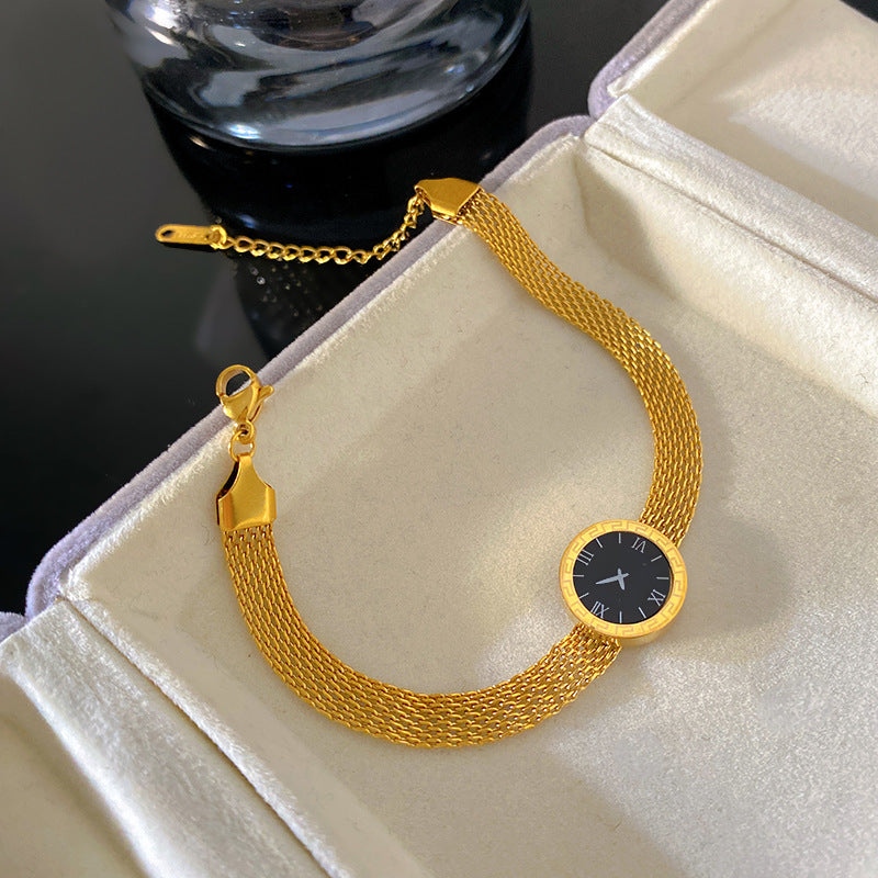 Minimalist Round Geometric Number Dial Mesh Chain Bracelet Titanium Steel Plated Unisex
