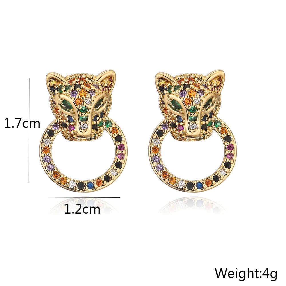 Geometric Style Copper Stud Earrings with 18K Gold Plating and Multicolor Zircon Accents