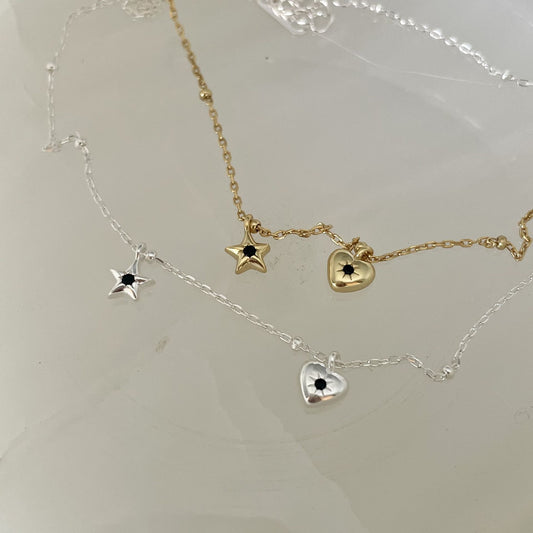Collar con colgante minimalista de estrella y corazón de plata de ley 925 con acento de cuentas en cadena de caja