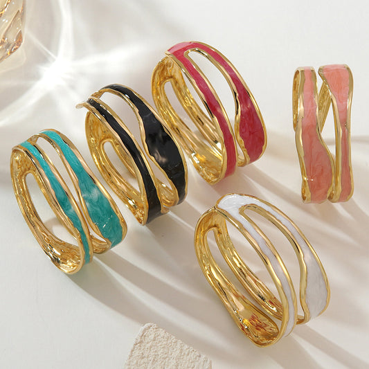 Pulsera de puño abierto de acero inoxidable con goteo de aceite redondo geométrico minimalista