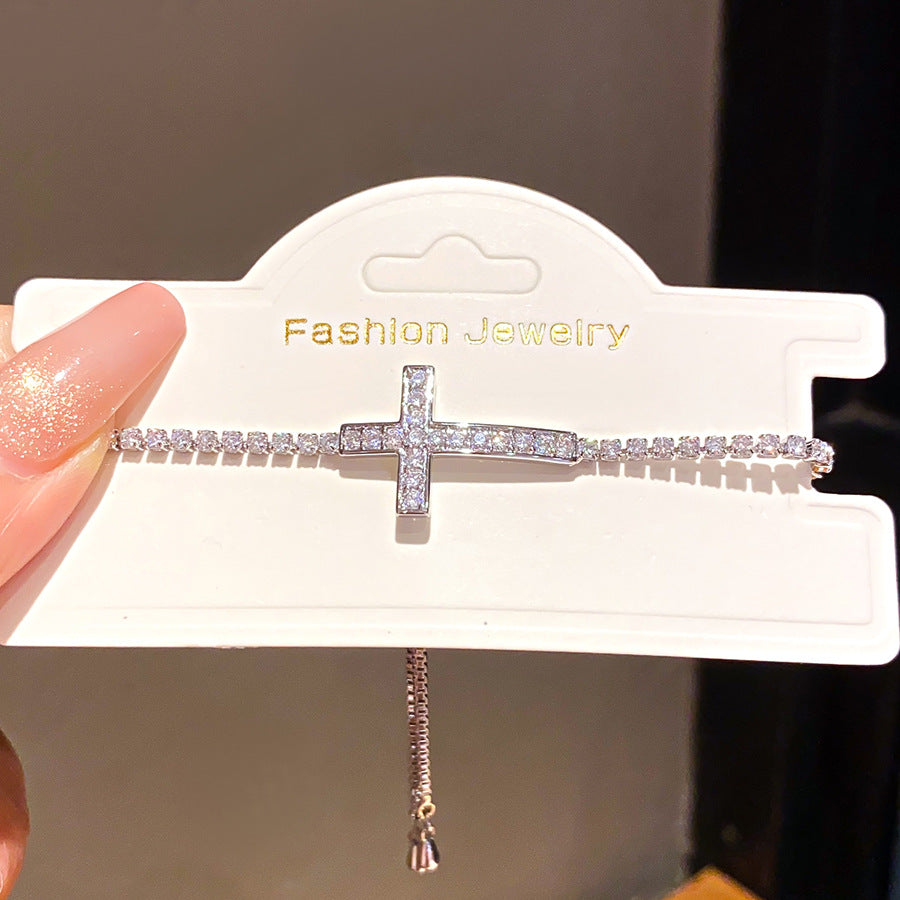 Minimalist Elegant Cross Cubic Zirconia Inlay Brass Bracelet for Women