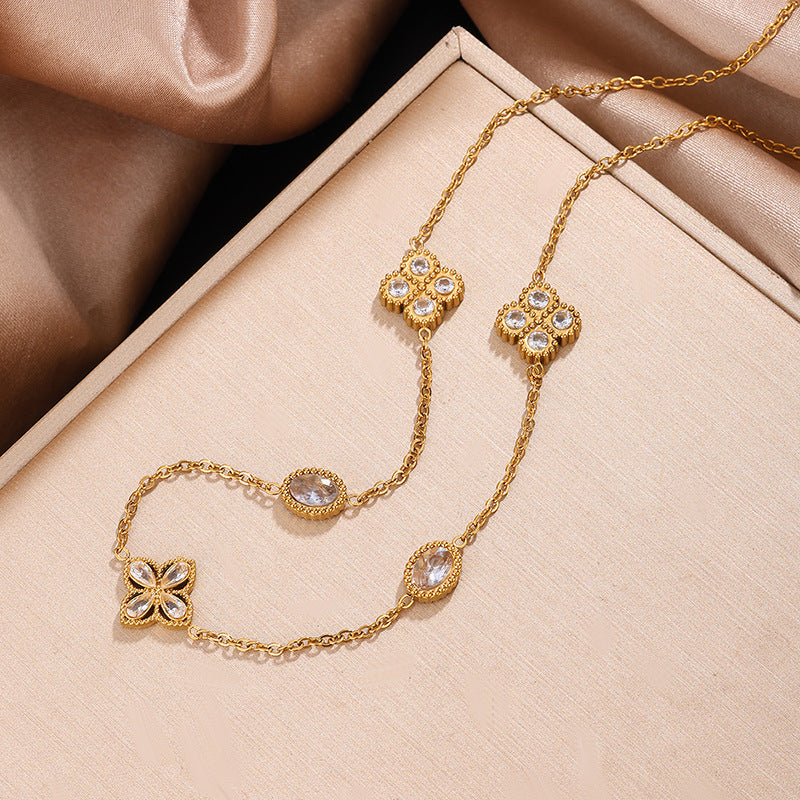 Set collana e bracciale da donna minimalista elegante placcato oro 18K in acciaio inossidabile con strass, motivo floreale geometrico rotondo e quadrato