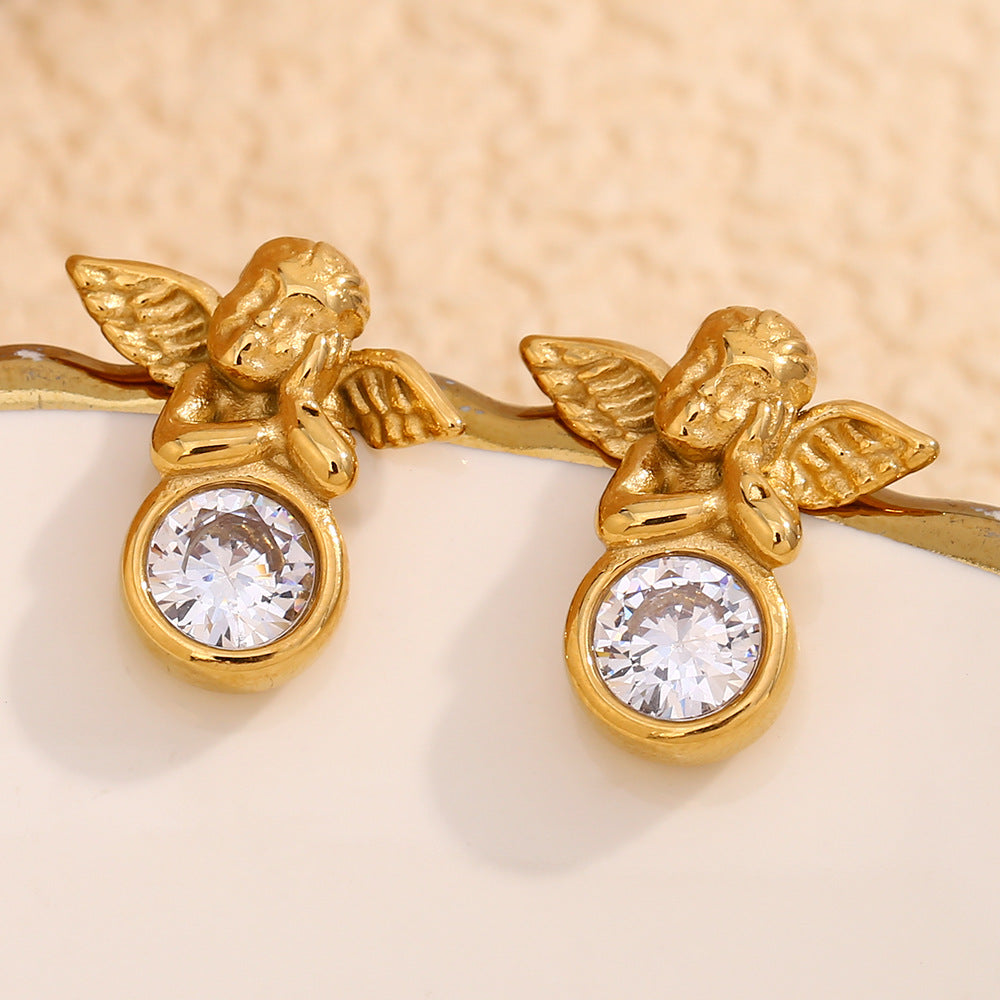 Fashionable Vintage Geometric Stainless Steel 18K Gold Plated Angel Zircon Stud Earrings for Women
