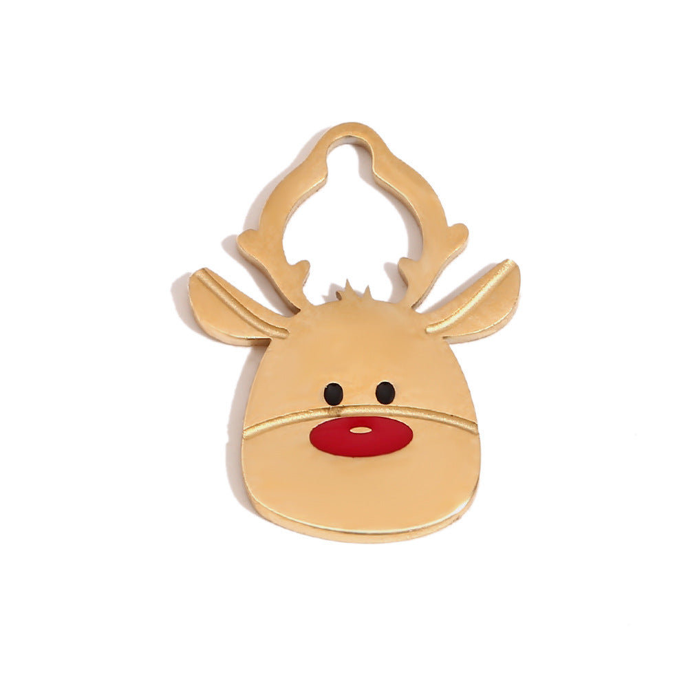 Cute Cartoon Christmas Santa Elk Reindeer Pendant with Stainless Steel Base Plated in 14K Gold and Enamel Finish for Holiday Season