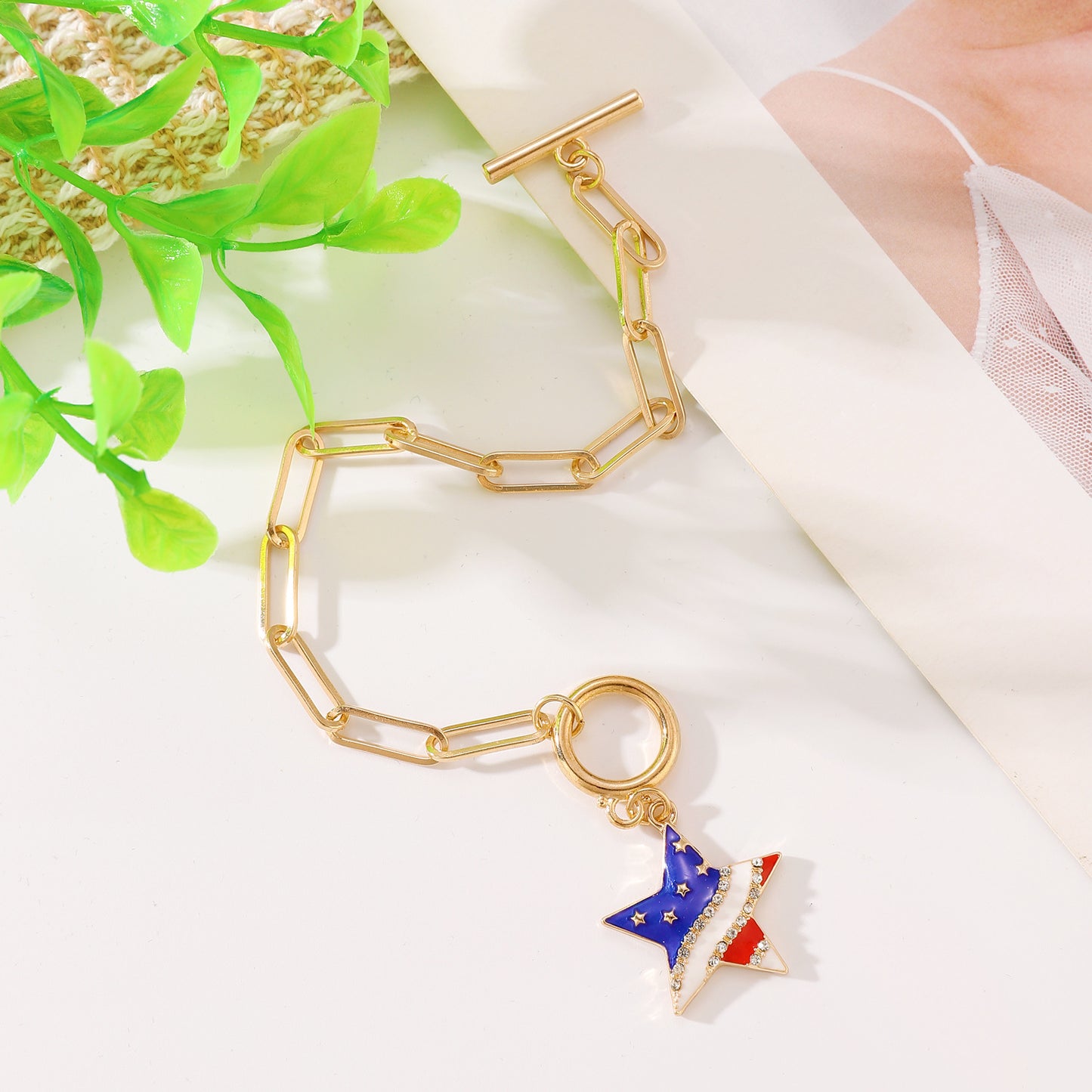 Patriotic Resin Beaded Bracelet Set with Heart Star Letter Charms and Rhinestone Accents