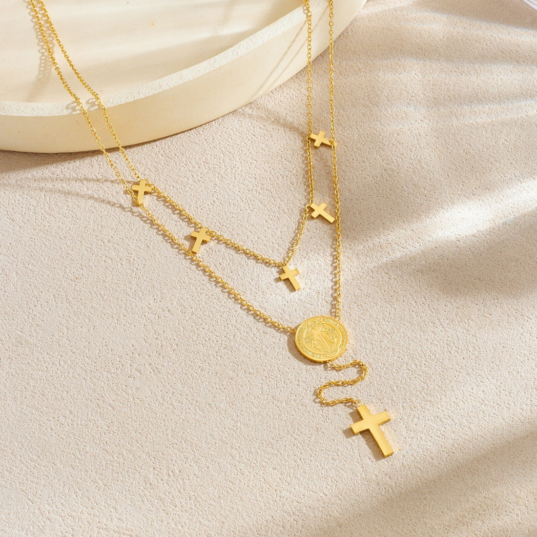Minimalist Elegant Stainless Steel Plated Double Layer Round Cross Coin Pendant Necklace for Women