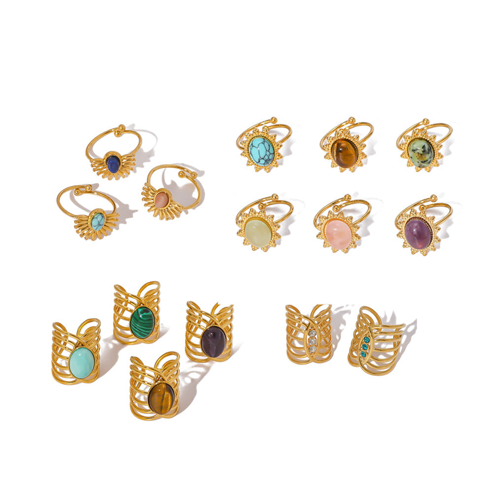 Anello geometrico in acciaio inossidabile stile vintage con placcatura in oro 18 carati e intarsio in pietra naturale da donna