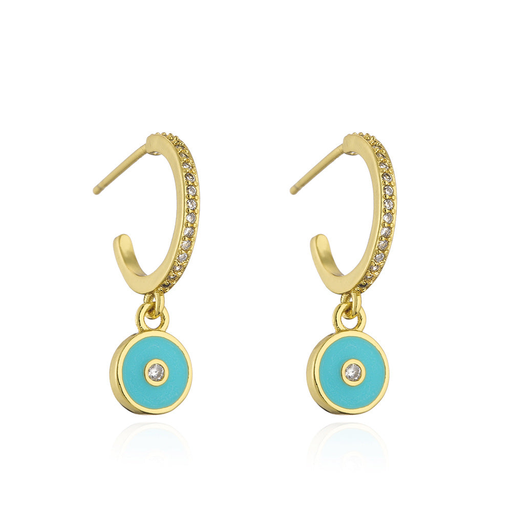 Cartoon Style Geometric Copper Earrings with 18K Gold Plating and Enamel Eye Design for Women