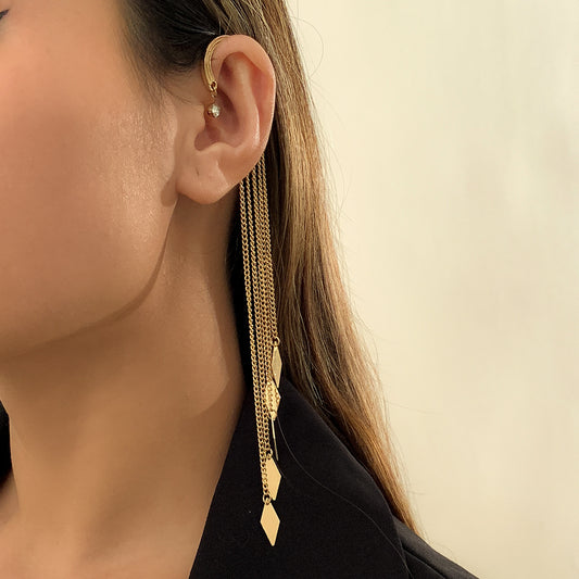 Geometric Skull Tassel Earrings for Women with Rhombus Chain Design, Alloy Electroplated Ear Cuffs
