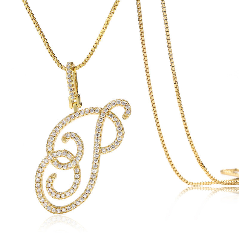 Minimalist Geometric Letter Pendant Necklace in Brass with Micro-Pavé Setting on Box Chain