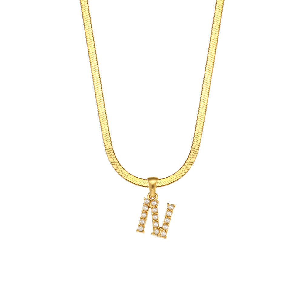 Fashionable Letter Pendant Necklace for Women Stainless Steel Plated 18K Gold Flat Snake Chain with Pearl Accent