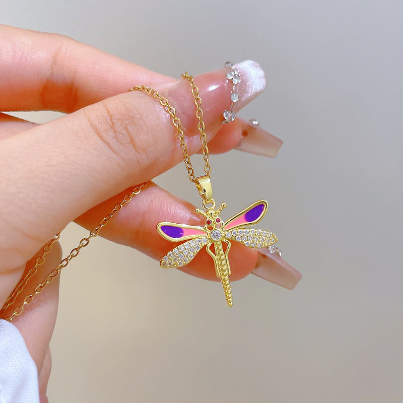 Sweet Elegant Geometric Dragonfly Drip Oil Rhinestone Necklace Titanium Steel Cable Chain Unisex