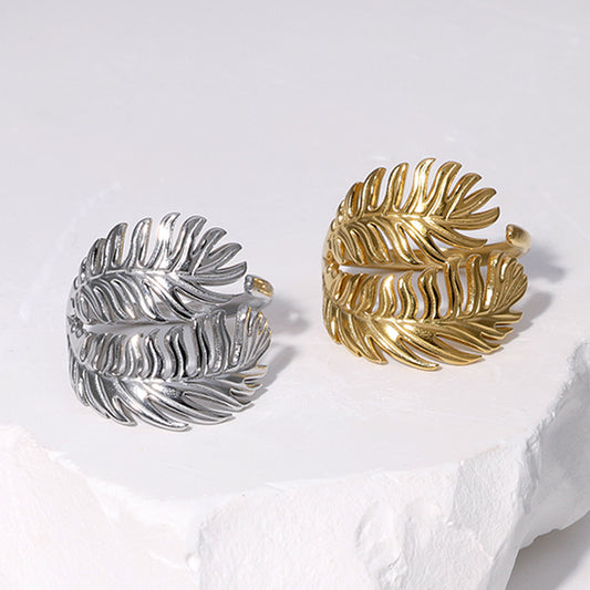 Minimalist Leaf-Shaped Stainless Steel Ring with Plated Finish for Women Adjustable Open Band