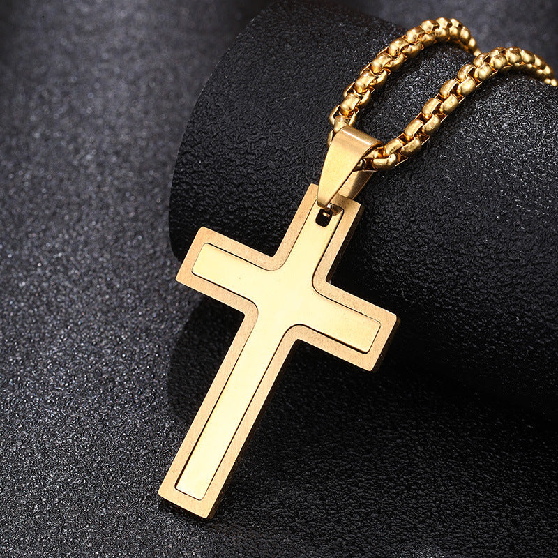 Collana con ciondolo a croce in acciaio inossidabile per donna uomo, catena in stile perla in acciaio al titanio, stile casual alla moda, finitura placcata, gioiello unisex da regalo