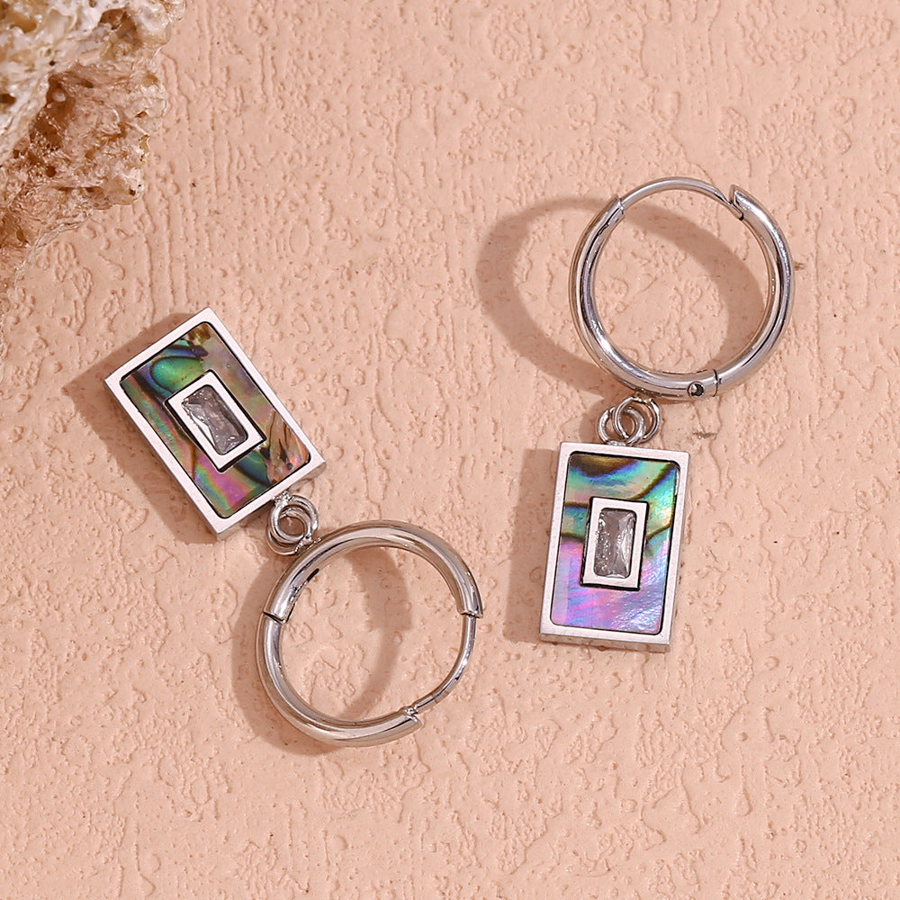 Minimalist Geometric Stainless Steel Plated Rectangle Abalone Shell and Zircon Earrings for Women